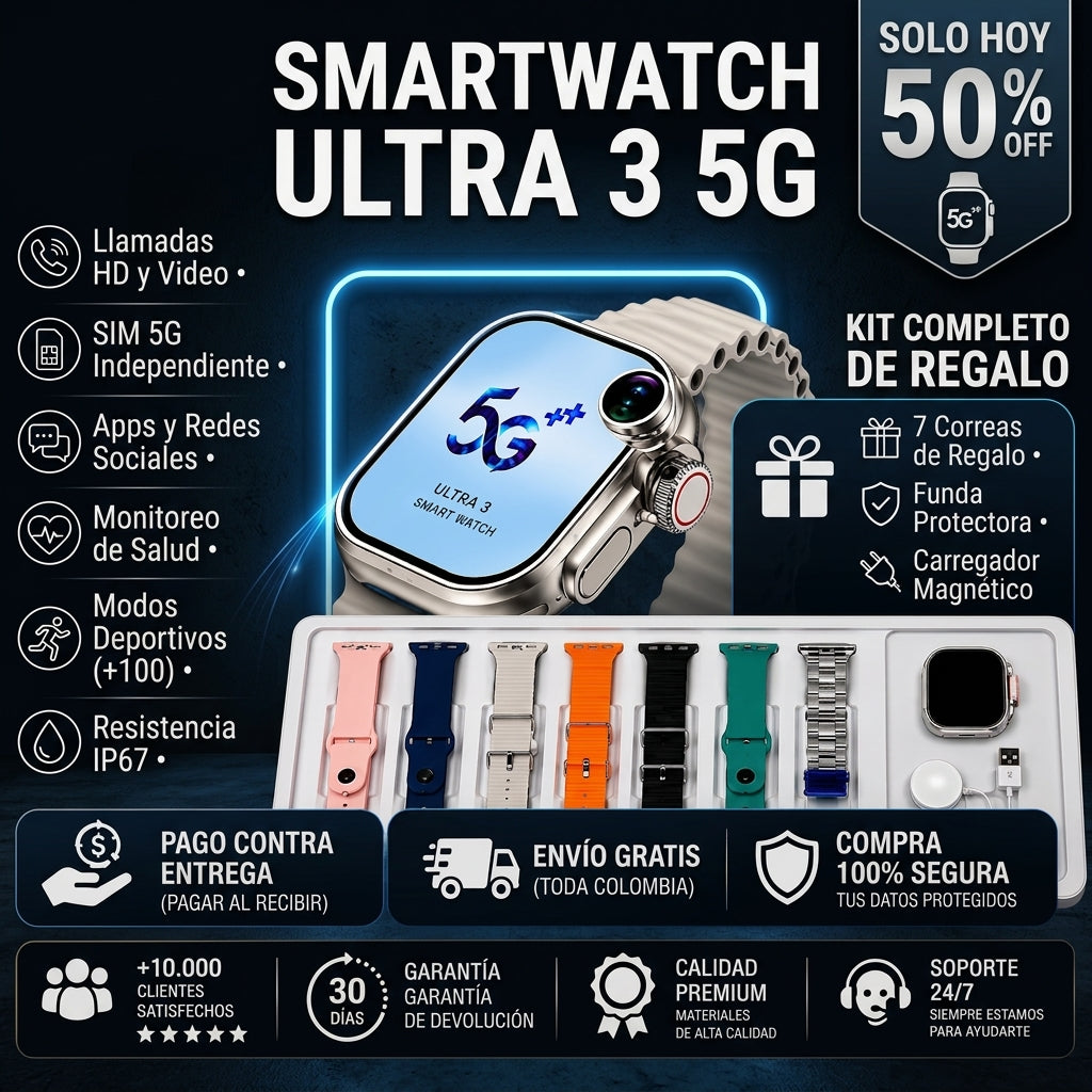 Reloj Inteligente Con Doble Cámara y Sim Card + 7 Correas GRATIS - 50%OFF