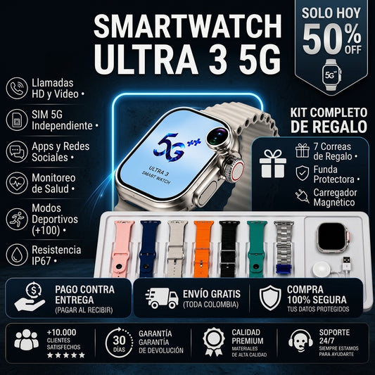 Reloj Inteligente Con Doble Cámara y Sim Card + 7 Correas GRATIS - 50%OFF